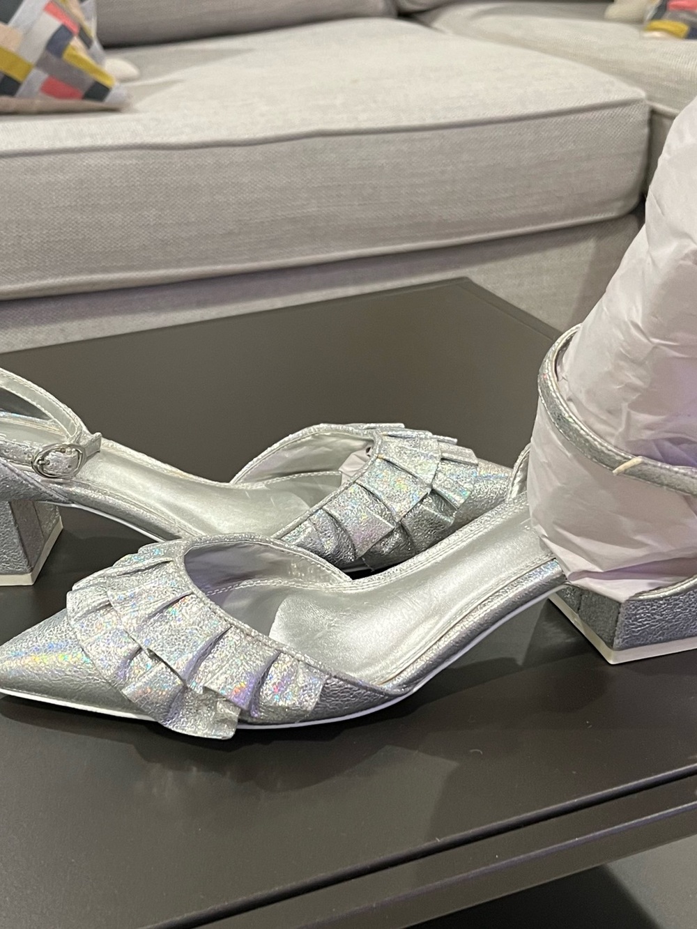 ASOS Silver Holographic Ruffle Slingback Heels - Picture 1 of 7